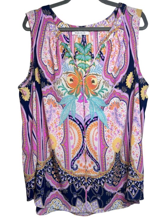 Rose + Olive Tops - Rose + Olive Womens Sleeveless Boho Paisley Print Blouse Top 2X Multicolor
